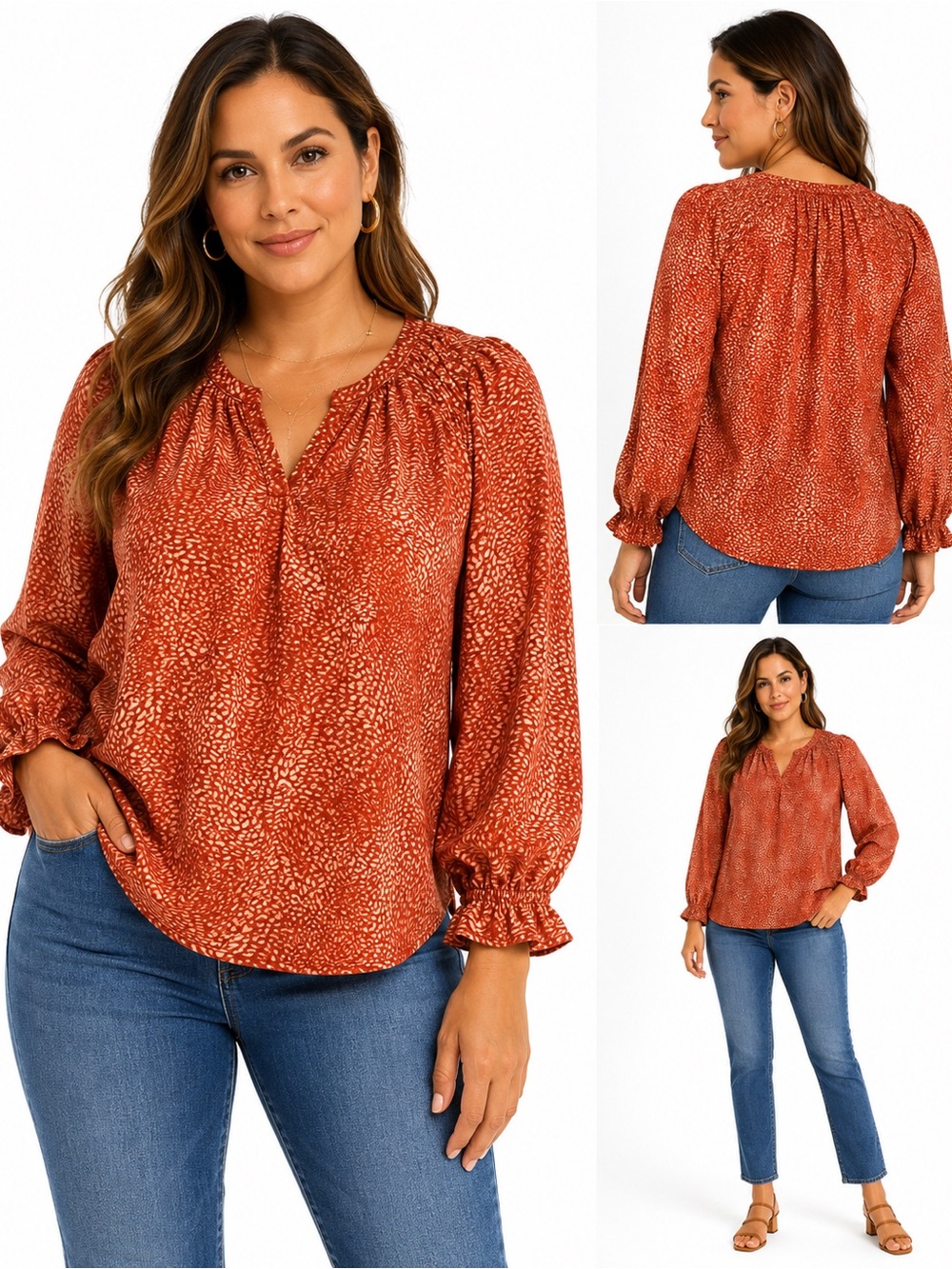 Jessica Simpson Rust Orange Printed Long-Sleeve Blouse